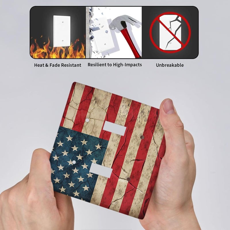 Moslion USA Flag Double Toggle Wall Plate American Flag Stars Lines Red Blue Stripes Retro 2-Gang Light Plug Protector Device Mount Cover Living Room Bedroom - Image 3